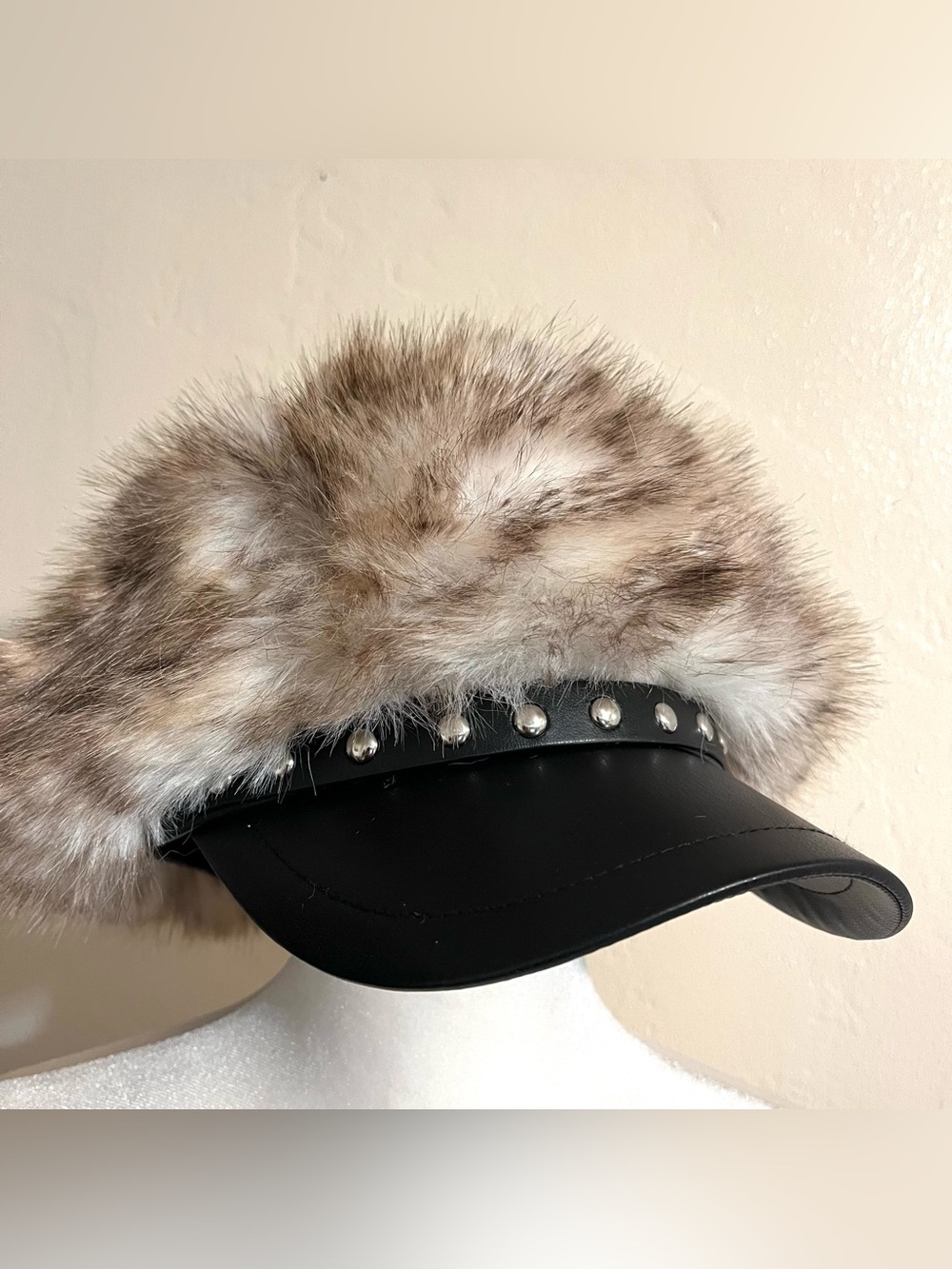 Faux Fur Trim Studded Black Leather Edgy Baddie Hat